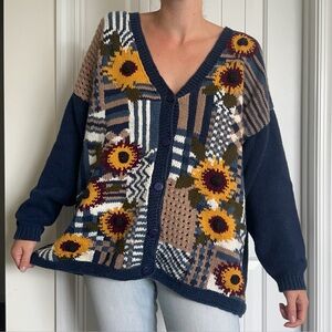 Vintage Sunflower Floral Patchwork Cardigan Sweater